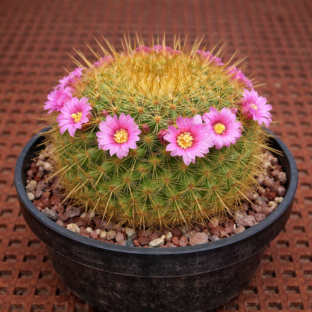 Mammillaria cv Ginsa-Maru cactus met gouden stekels en roze ringbloemen in een zwarte pot