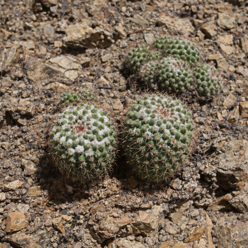 Mammillaria floresii small round green cactus with white woolly areoles and brown spines growing on rocky soil