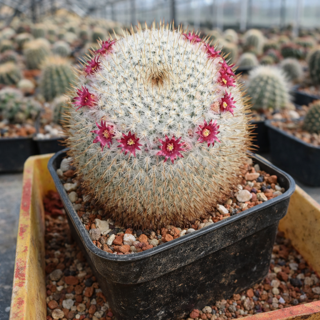 Mammillaria fuauxiana ronde cactus met witte stekels en roze bloemen in zwarte pot