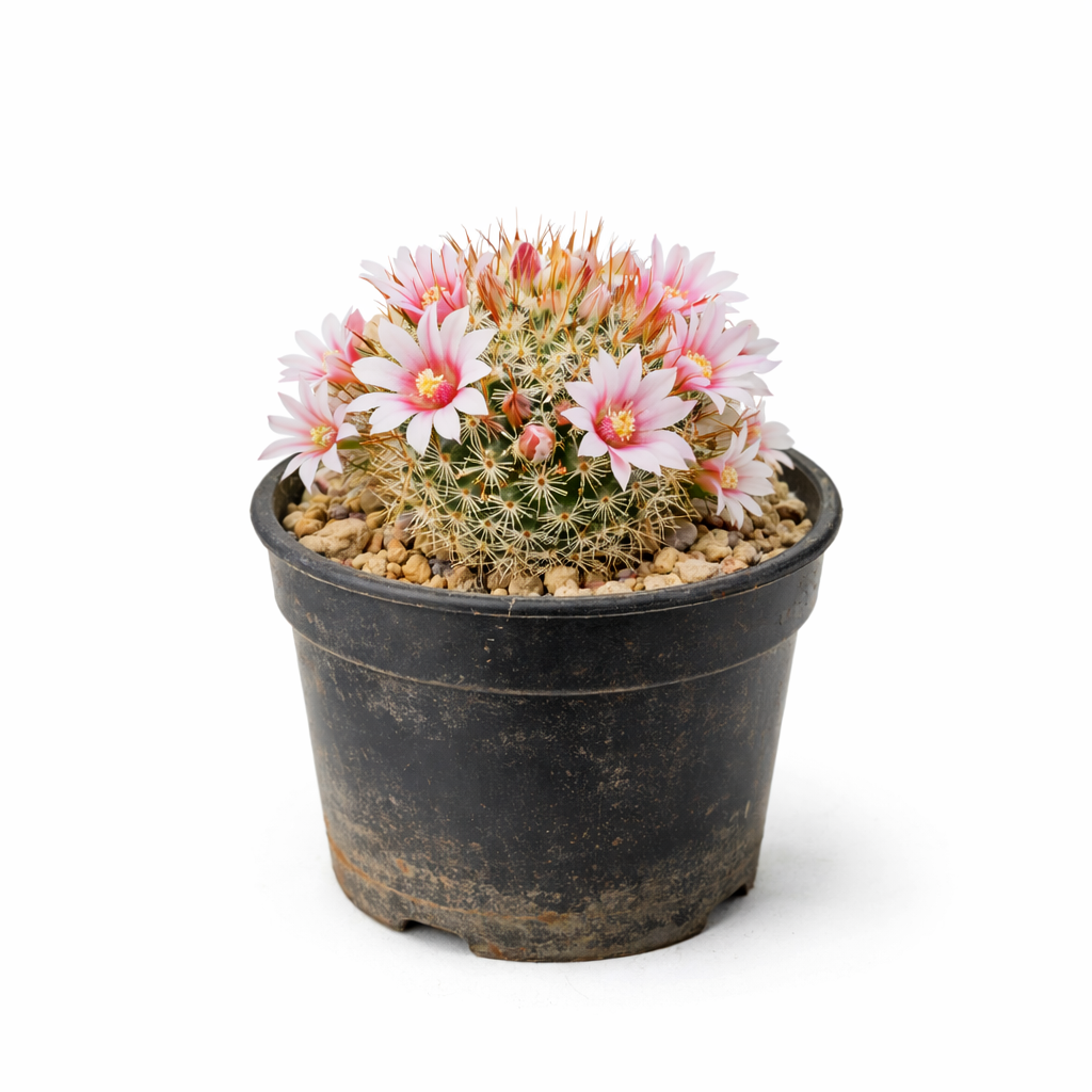 Mammillaria glochidiata kleine ronde cactus met roze en witte bloemen in een zwarte pot