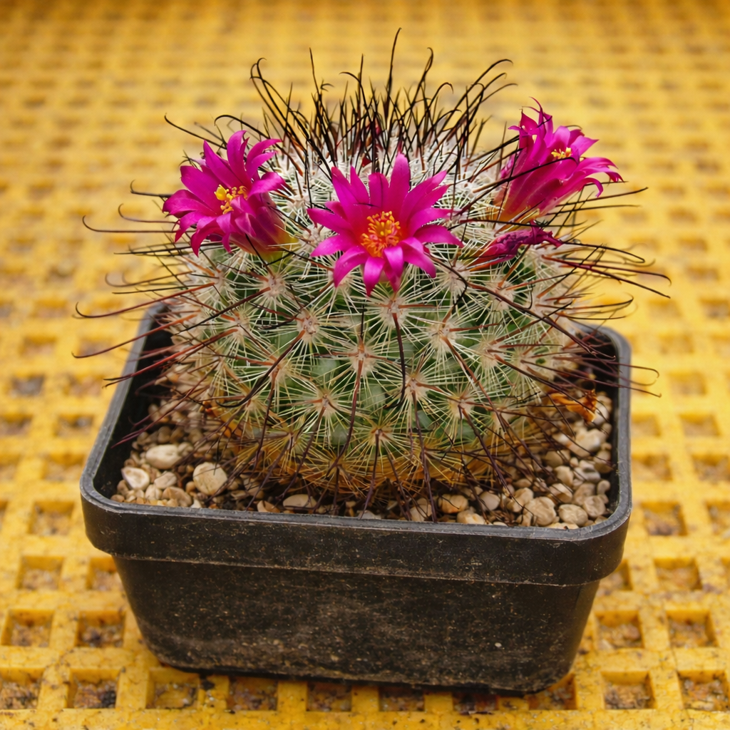 Mammillaria krasuckae-kaktus med knallrosa blomster i liten svart potte