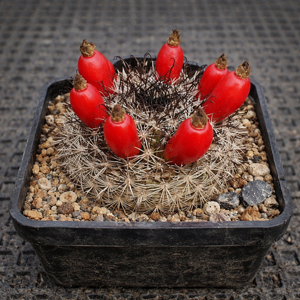 Mammillaria louisae-kaktus med klare røde frukter i svart firkantet potte på grus