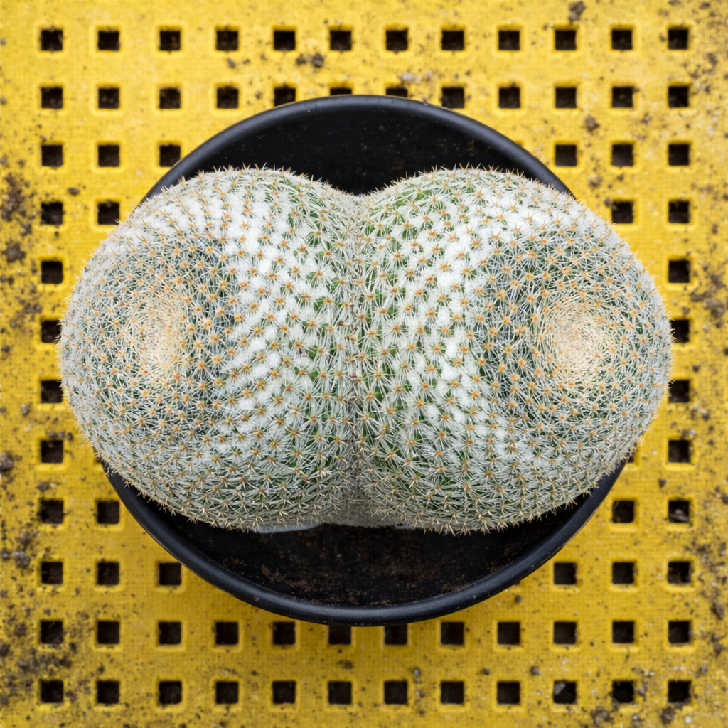 Mammillaria microthele sjelden sukkulent kaktus med tette hvite torner i svart potte