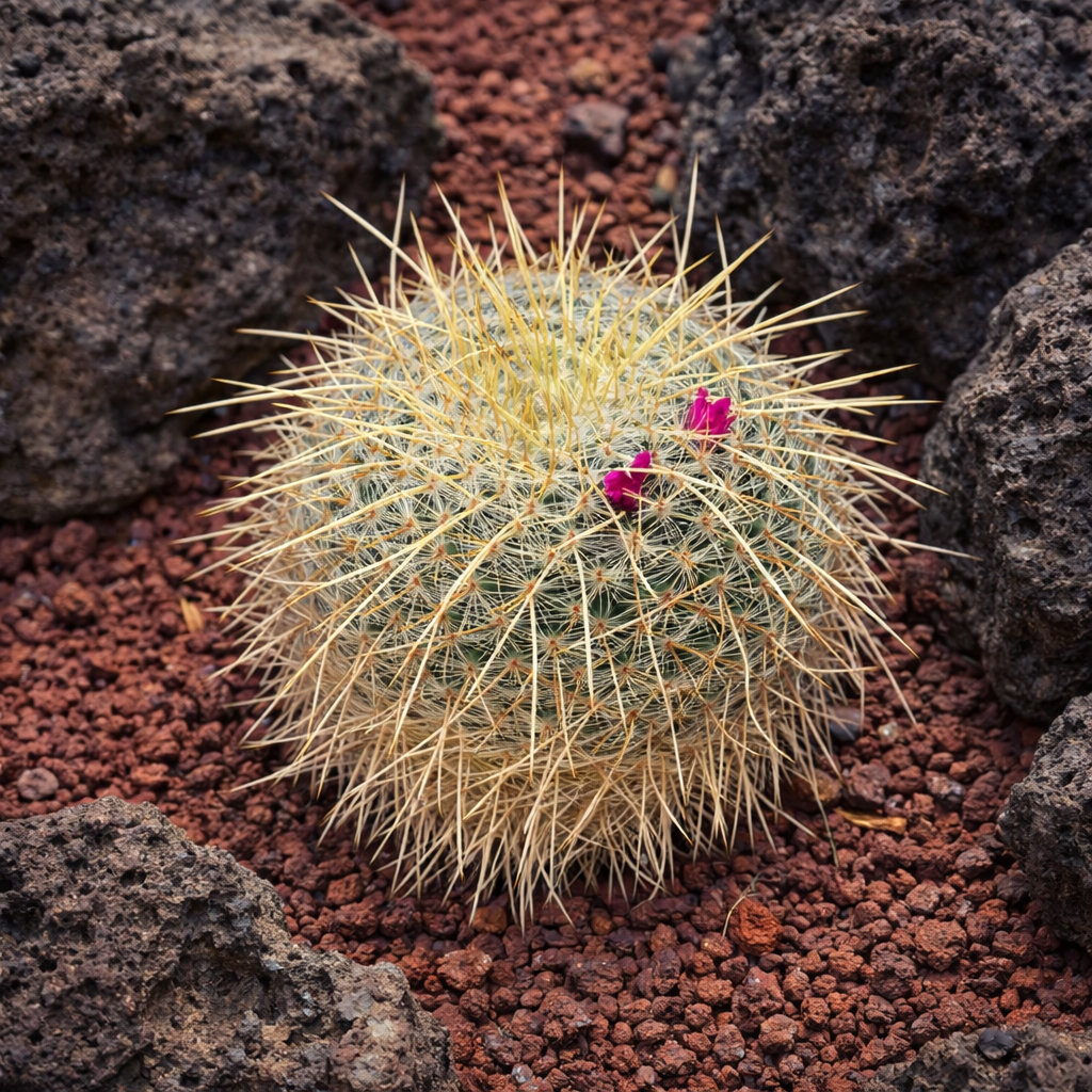 작고 둥근 선인장, 노란색 긴 가시와 분홍색 꽃이 있는 마밀라리아 뮐렌포르디티