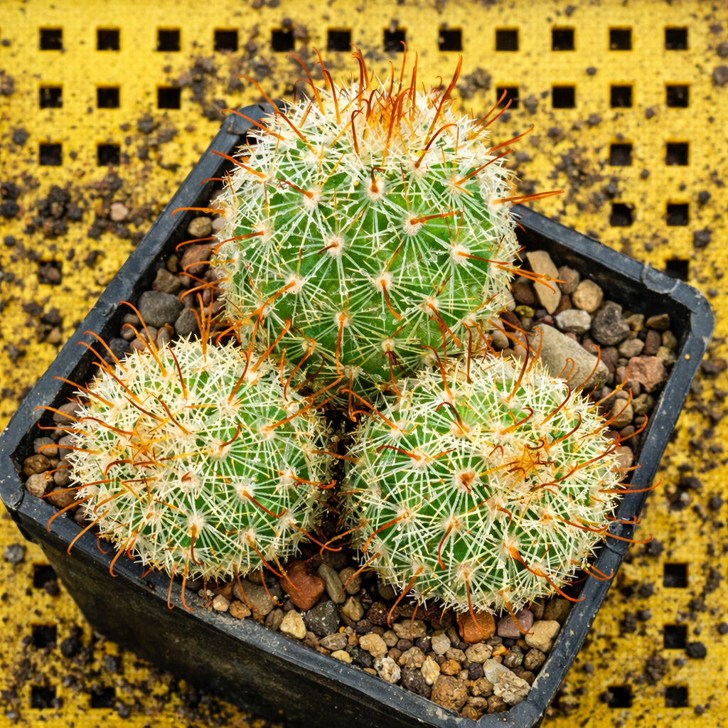 Mammillaria multidigitata pequeno cacto verde com espinhos brancos e laranja em vaso preto