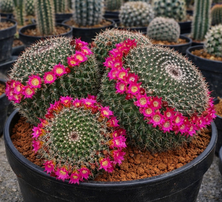 ต้นกระบองเพชรมัมมิลลาเรีย นีโอมิสแทกซ์ ดอกสีชมพูสดแต่งขอบแหวนในกระถางสีดำ