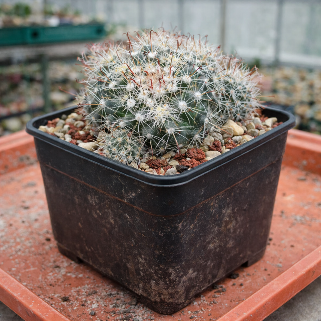 Mammillaria oteroi pequeno cacto com espinhos brancos e espinhos centrais avermelhados em vaso preto