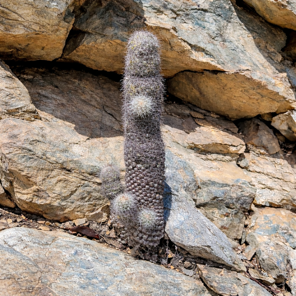 Mammillaria phitauiana raro cactus con tallos cilíndricos y espinas blancas densas entre las rocas