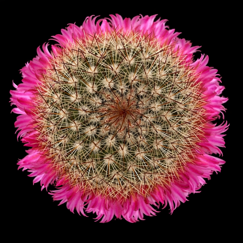 Mammillaria pilcayensis sjelden kaktus med tette torner og lys rosa blomsterkrans