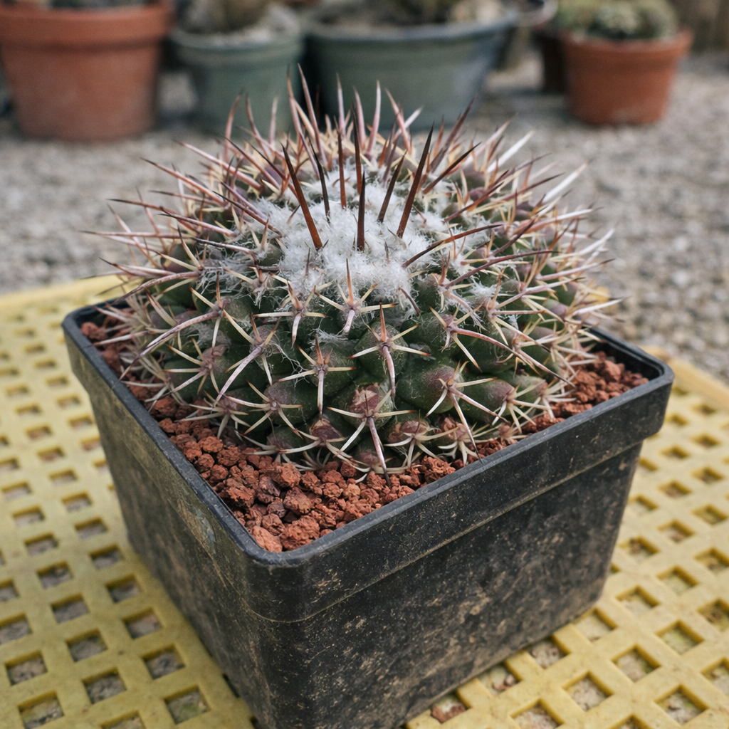 Mammillaria priessnitzii raro cactus con denso vellón blanco y largas espinas rojizas en maceta negra