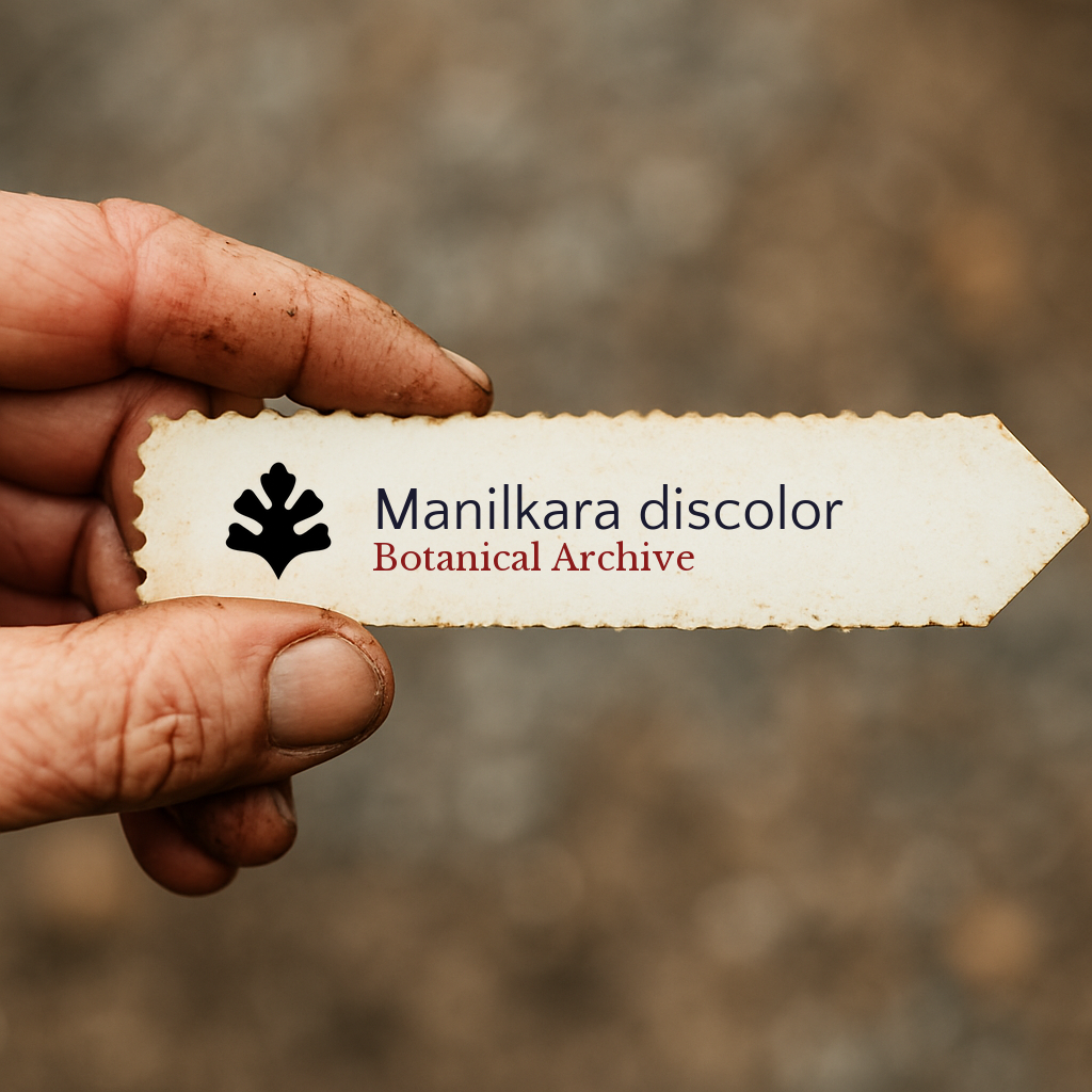 Printed plant label for Manilkara discolor with botanical archive logo held by hand