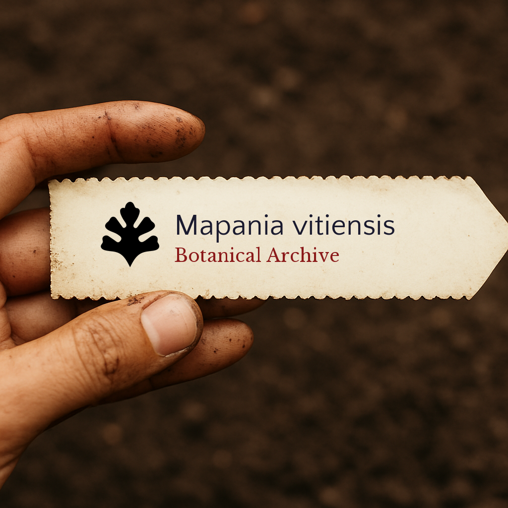 Printed plant label for Mapania vitiensis held by hand over soil background