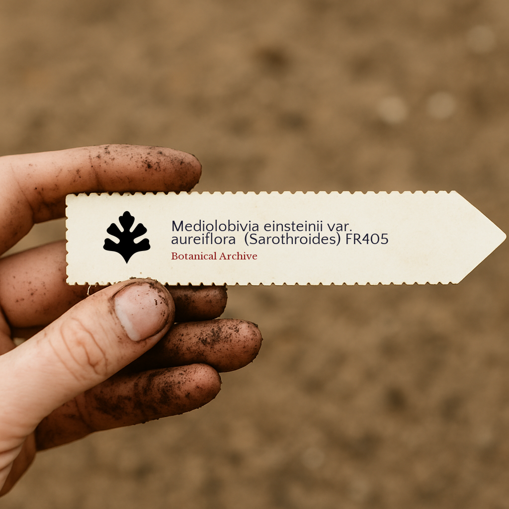 Printed plant label for Mediolobivia einsteinii var. aureiflora in hand with soil background