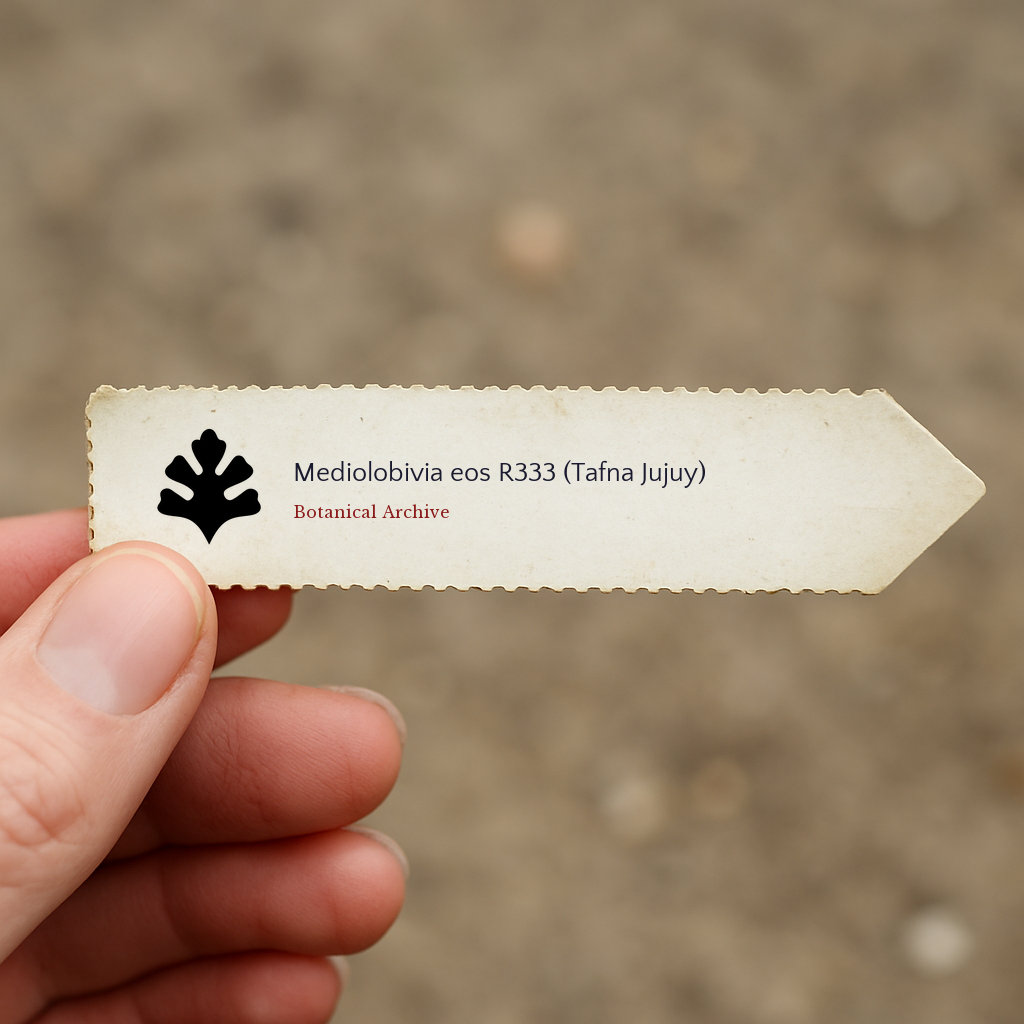 손에 든 Botanical Archive 로고가 있는 메디오로비비아 에오스 R333 프린트 식물 라벨