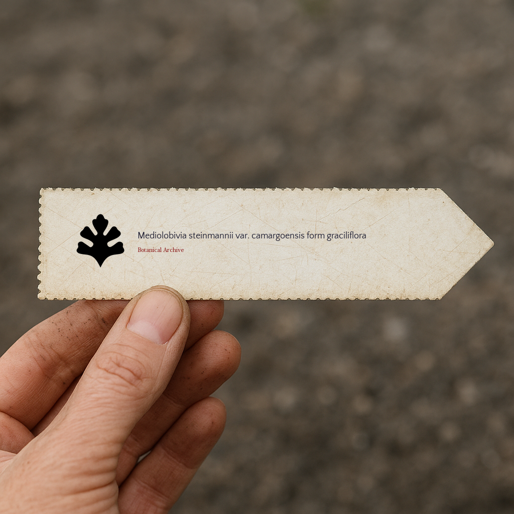 흙 배경에 손에 들린 메디오로비비아 스타인만니이 바리어티 카마르고엔시스 식물 라벨 인쇄물