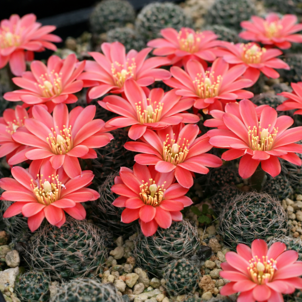Cactus Mediolobivia haagei con vivaci fiori rosa corallo e steli verdi spinati