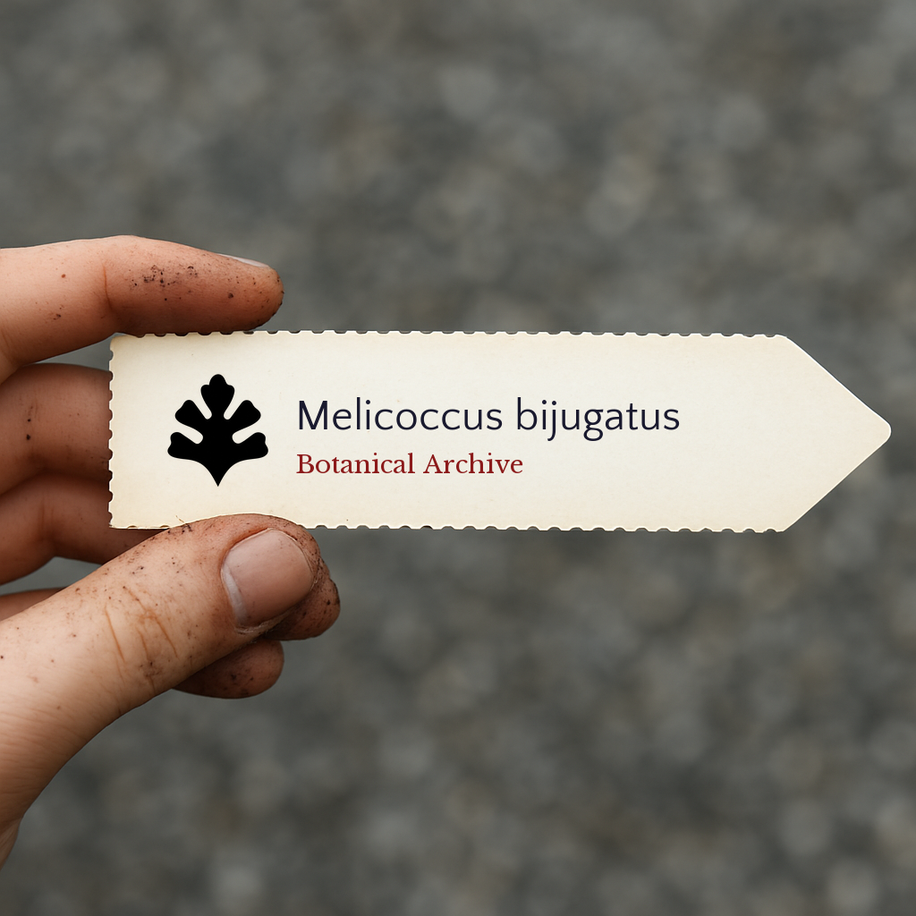 Printed plant label for Melicoccus bijugatus held by hand with soil on fingers