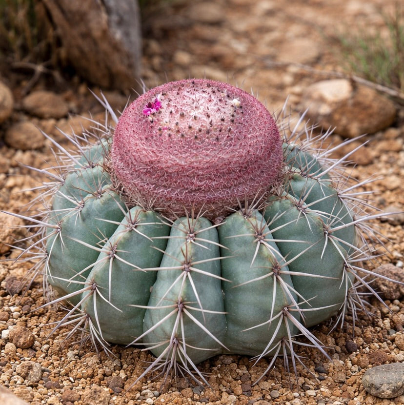 เมโลแคคตัส กริโซลีโอวิริดิส กระบองเพชรอวบน้ำแปลกหายาก มีเซฟาเลียมสีชมพูและหนามแหลมคม