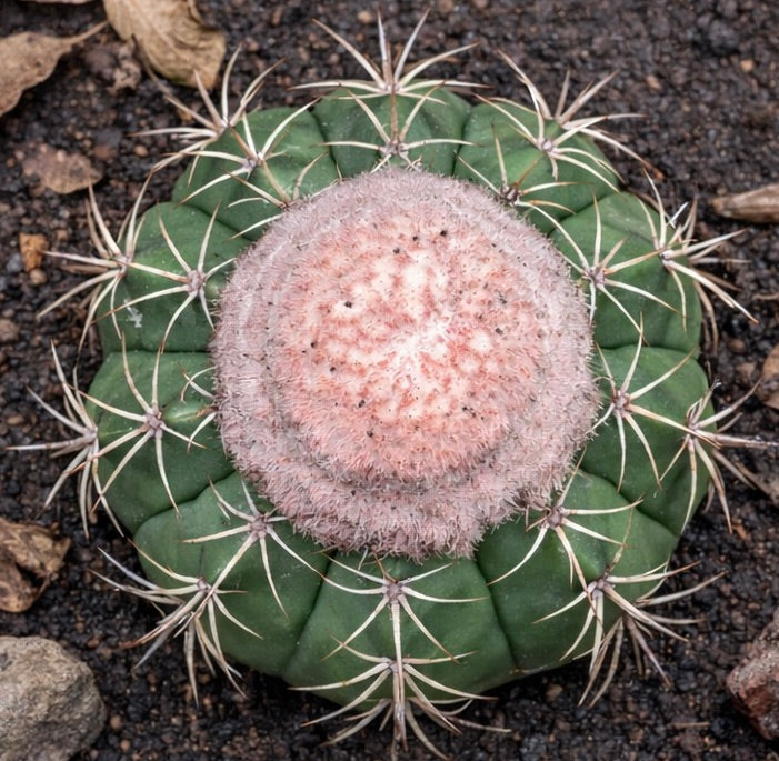Melocactus neryi sjelden kaktus med rosa cephalium og radiale pigger på grønn kropp
