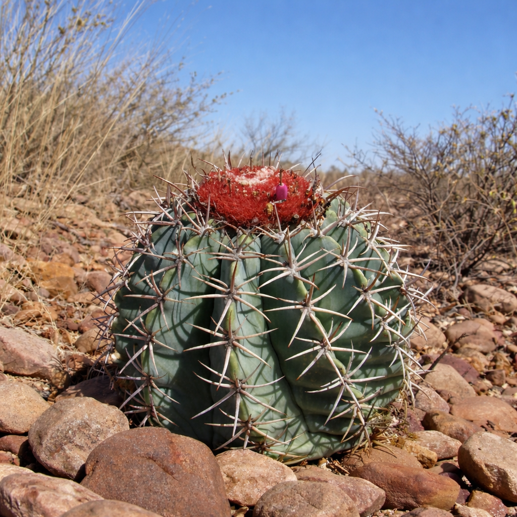 ميلوكاكتوس نوع نادر من الصبار العصاري مع سِفالِيوم أحمر وأشواك طويلة في صحراء صخرية
