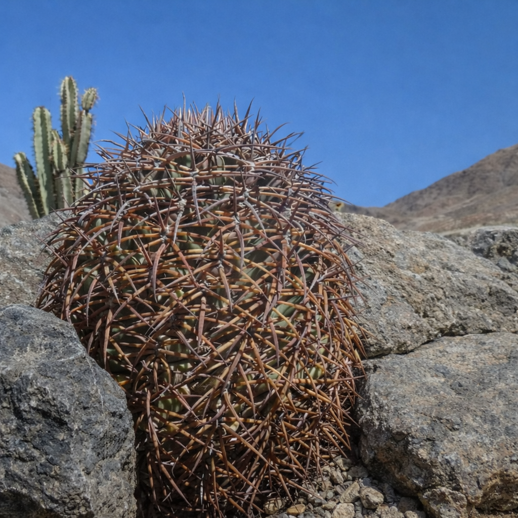 Melocactus trujilloensis sjelden kaktus med tette, rødbrune torner som vokser blant steiner