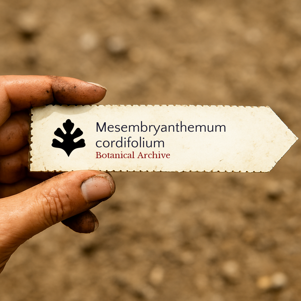 Plant label for Mesembryanthemum cordifolium with botanical archive logo held over soil background