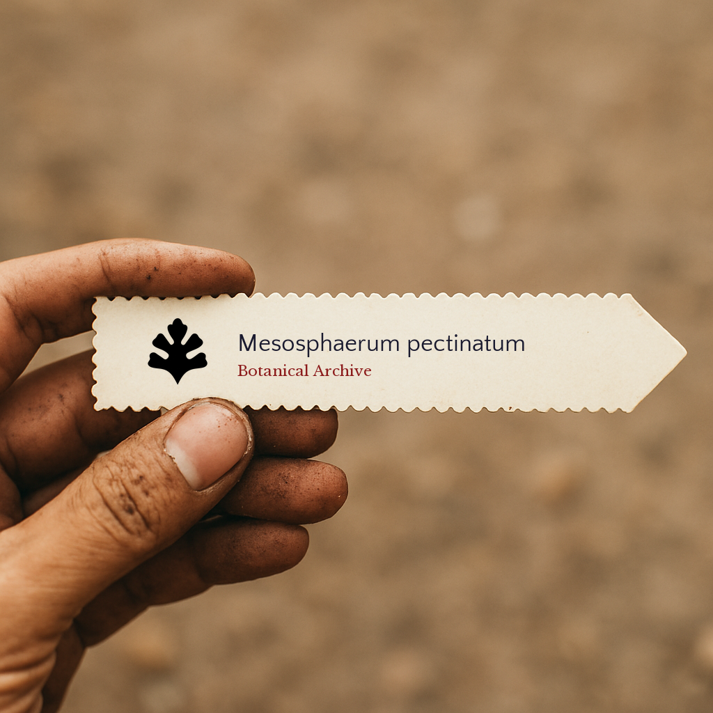 Printed plant label for Mesosphaerum pectinatum held by dirty hand outdoors