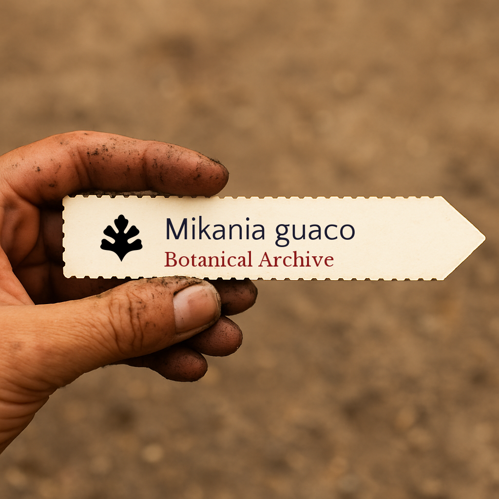 Printed plant label for Mikania guaco held by dirty hand over soil background