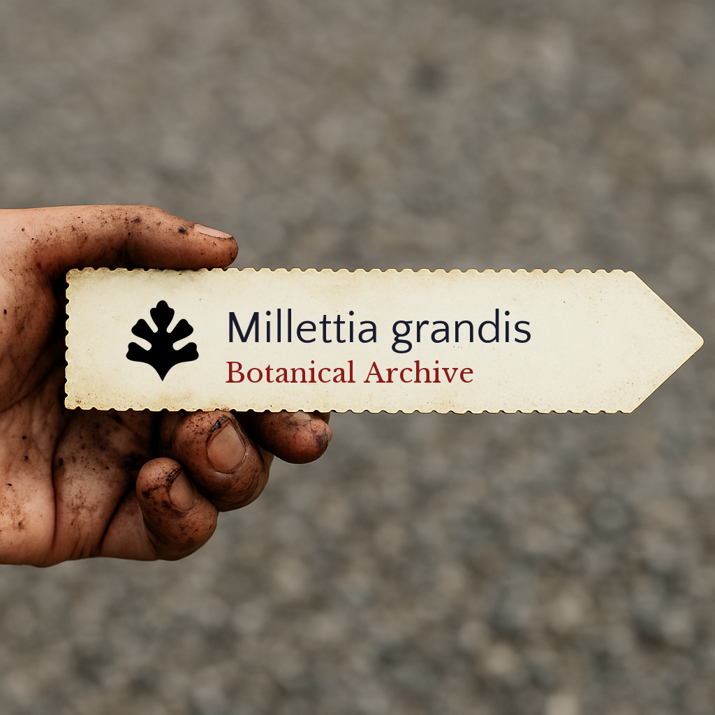 Plant label for Millettia grandis with botanical archive text held by dirty hand