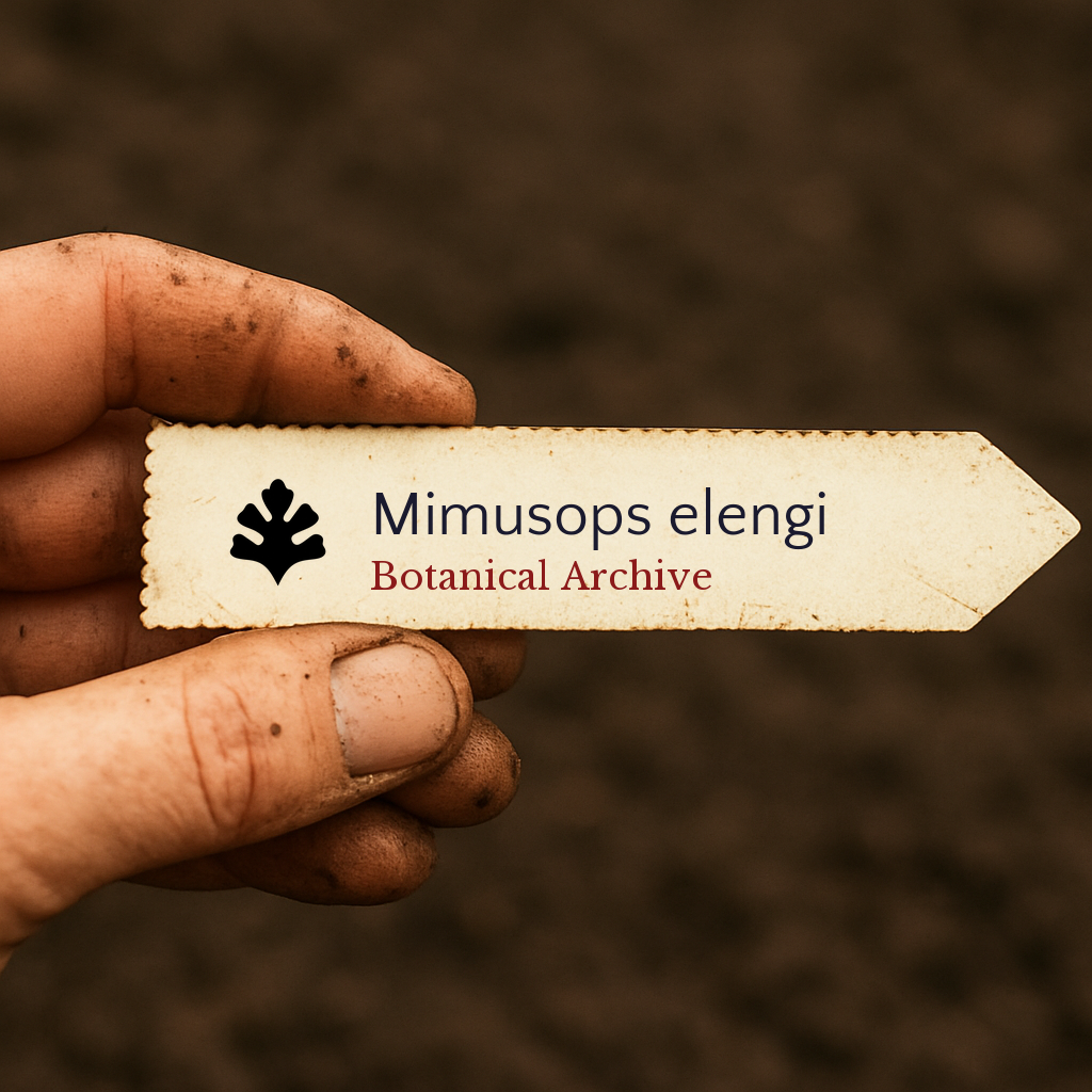 Printed plant label for Mimusops elengi held by dirty hand over soil background