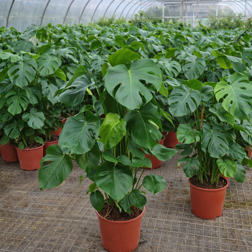 Monstera deliciosa tropische Zimmerpflanze mit großen, glänzenden, geteilten Blättern in Anzuchttöpfen