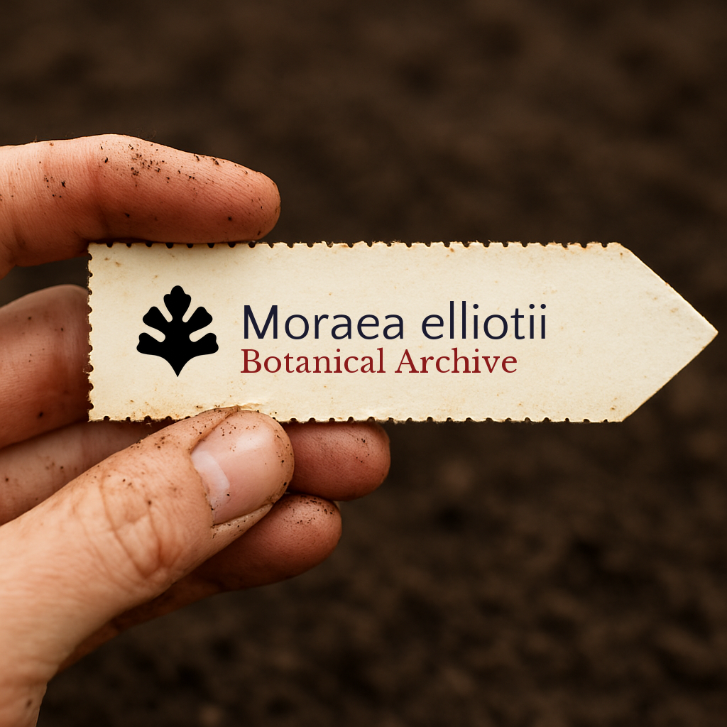 Printed plant label for Moraea elliotii held by hand over soil background