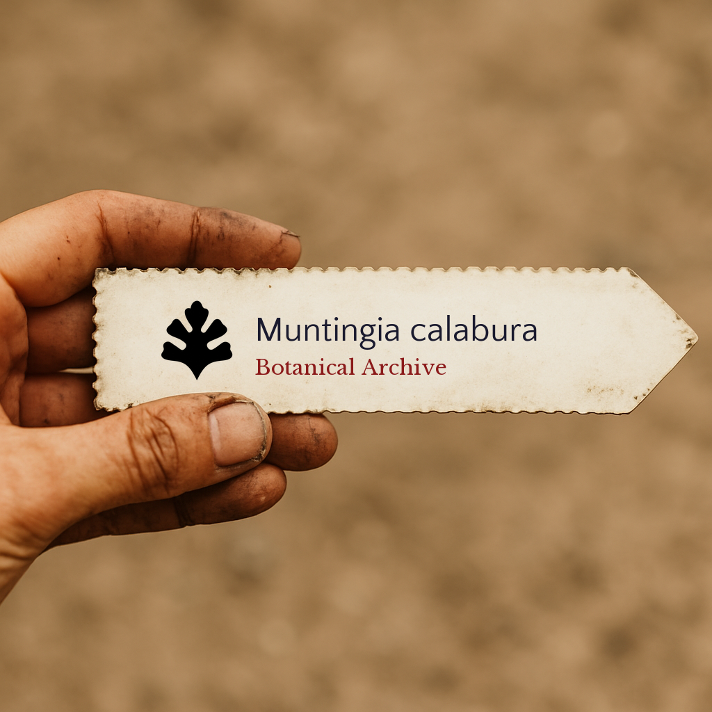 Printed plant label for Muntingia calabura with botanical archive logo held by hand