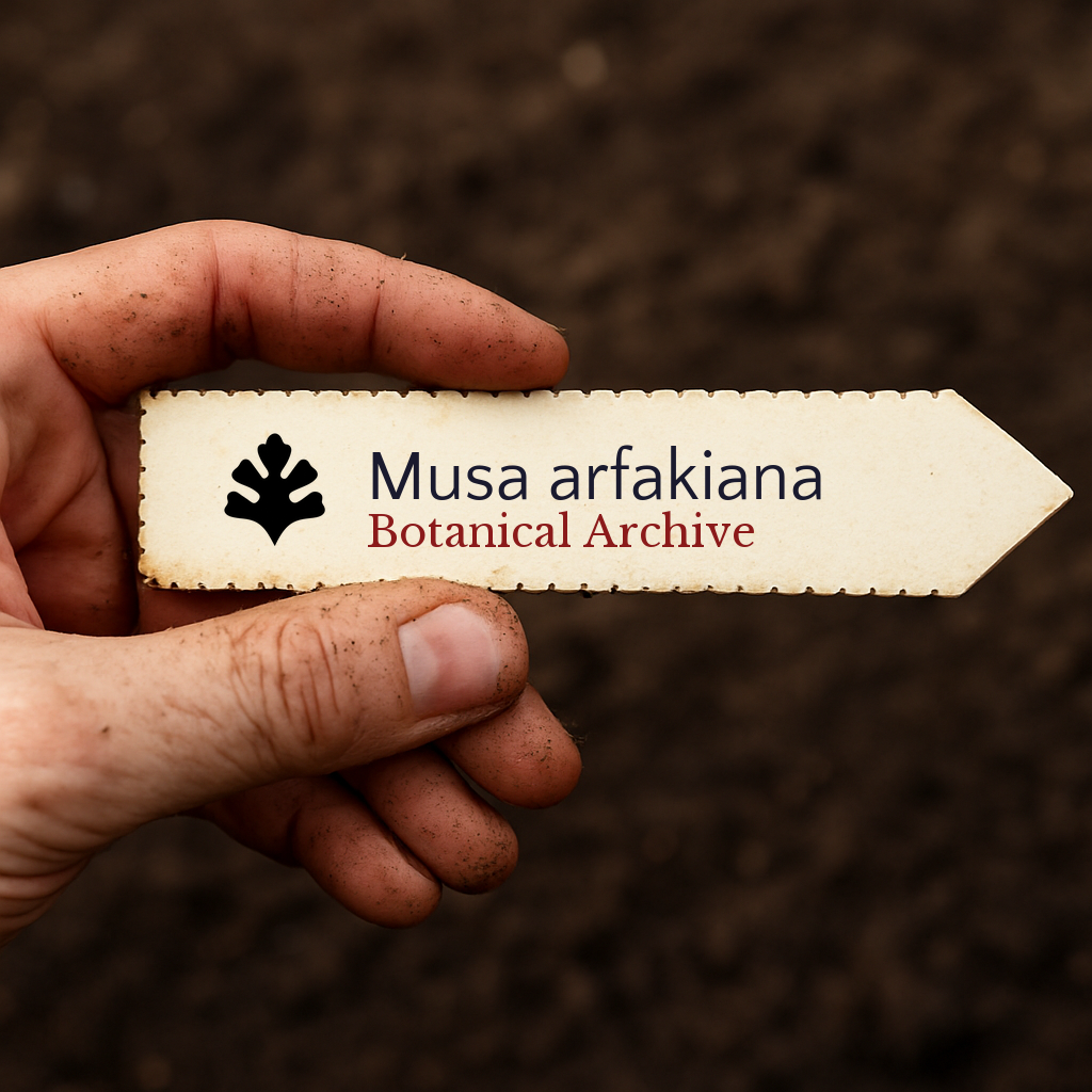 Printed plant label for Musa arfakiana held by dirty hand over soil background
