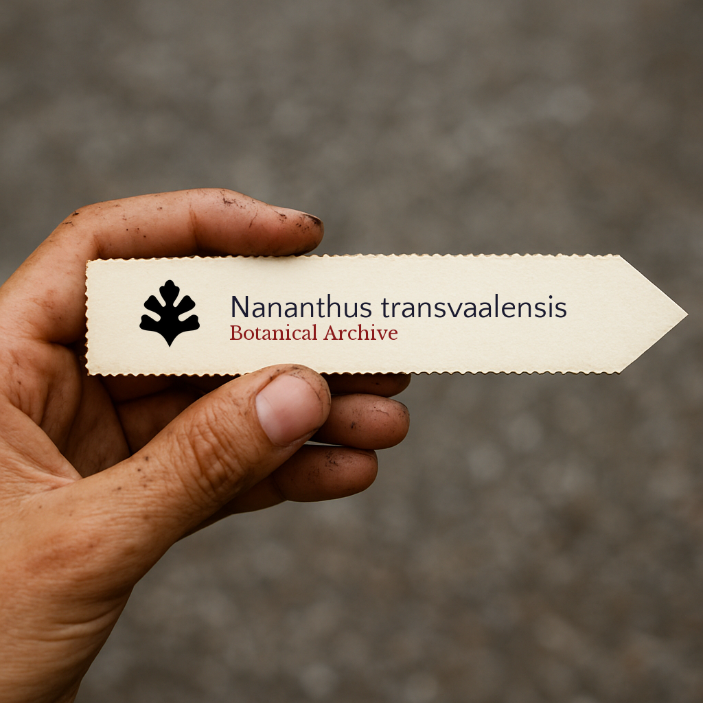 Printed plant label for Nananthus transvaalensis held by a hand with soil dirt