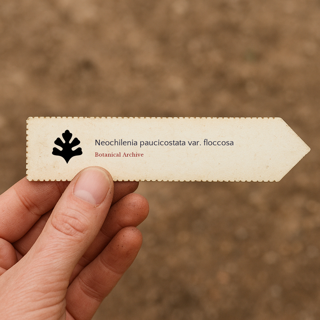 Bedrukte plantenlabel voor Neochilenia paucicostata var. floccosa, buiten gehouden met een achtergrond van aarde