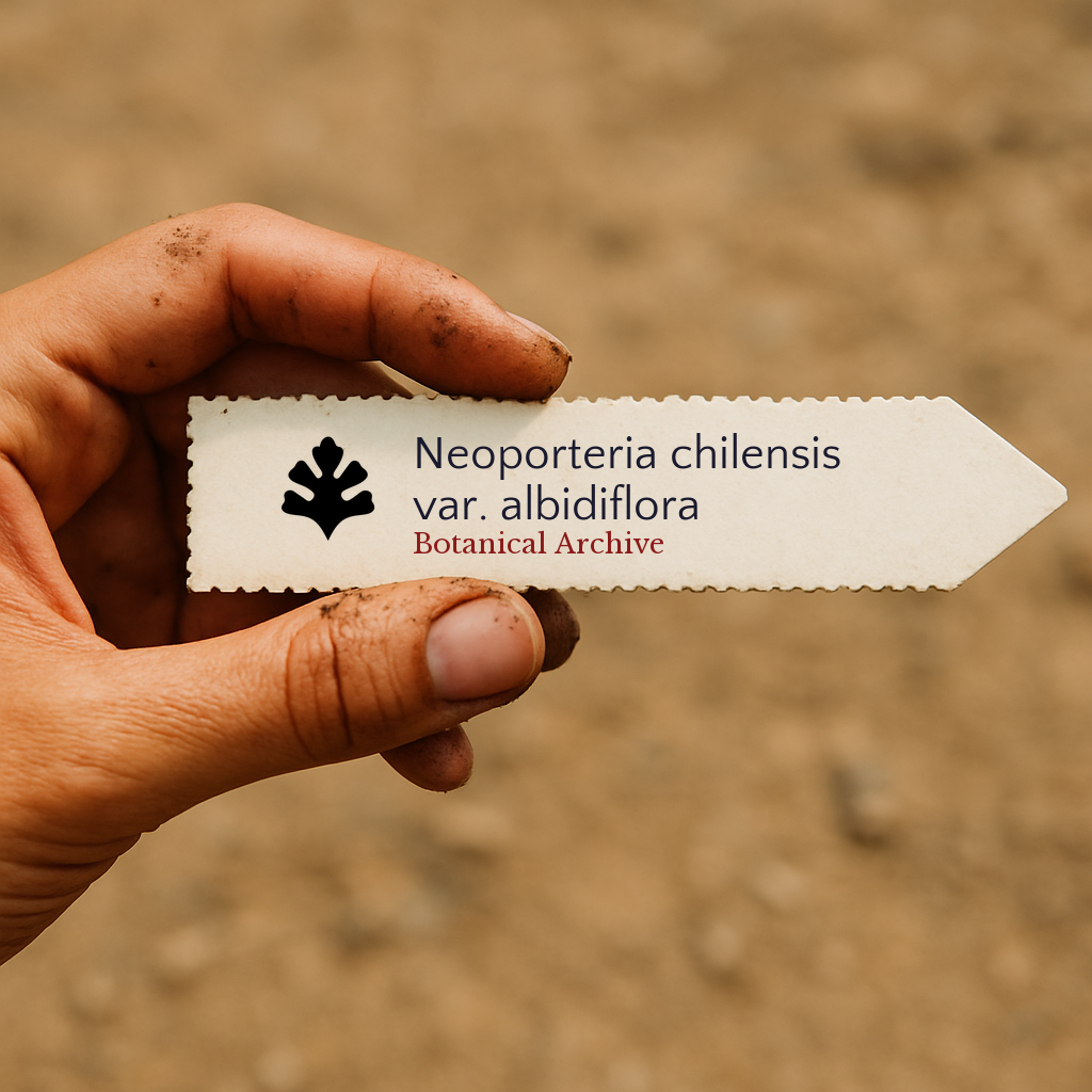 Bedrucktes Pflanzenetikett für Neoporteria chilensis var. albidiflora, gehalten von einer schmutzigen Hand im Freien
