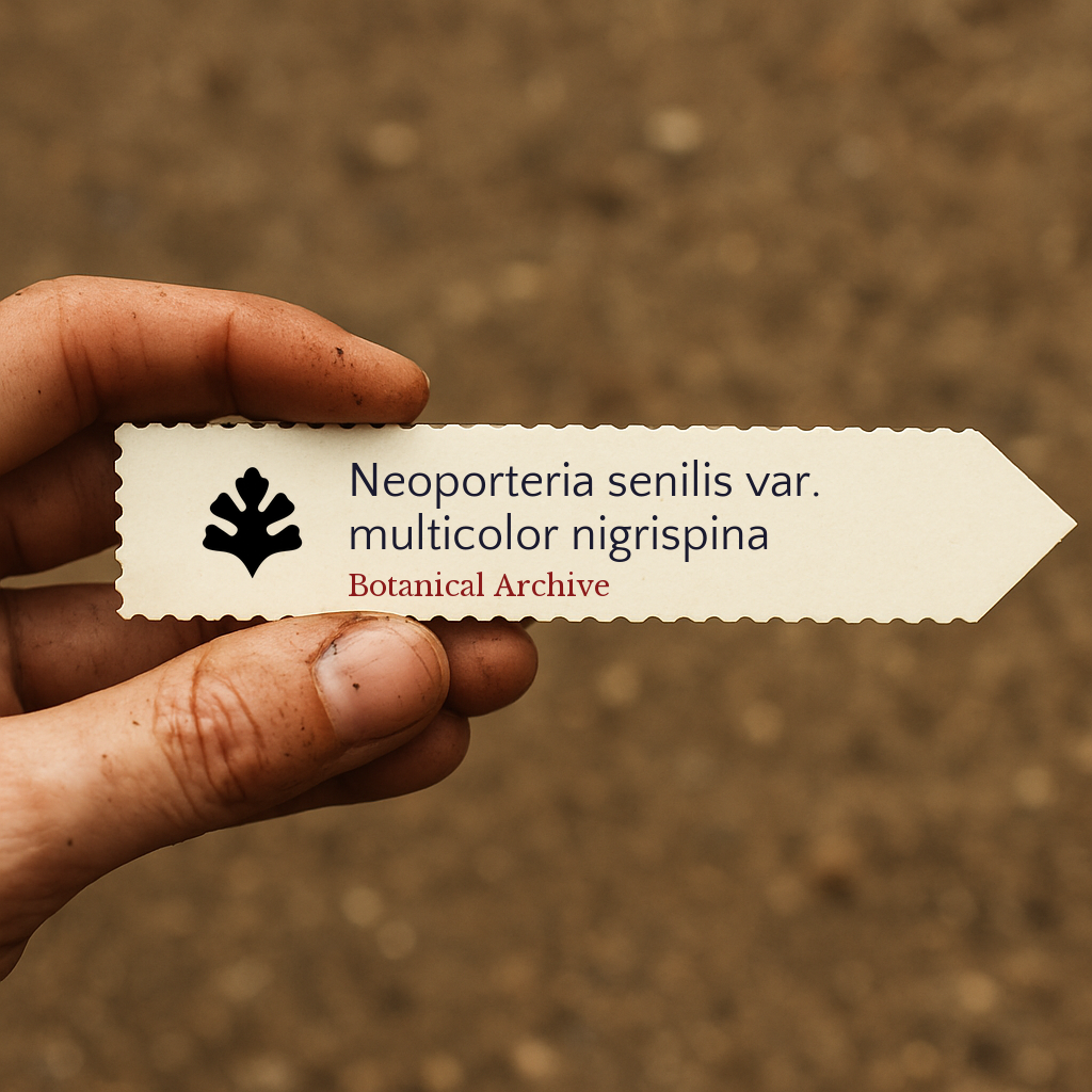 Bedrucktes Pflanzenetikett für Neoporteria senilis var. multicolor nigrispina, von Hand vor einem Erdachtergrund gehalten