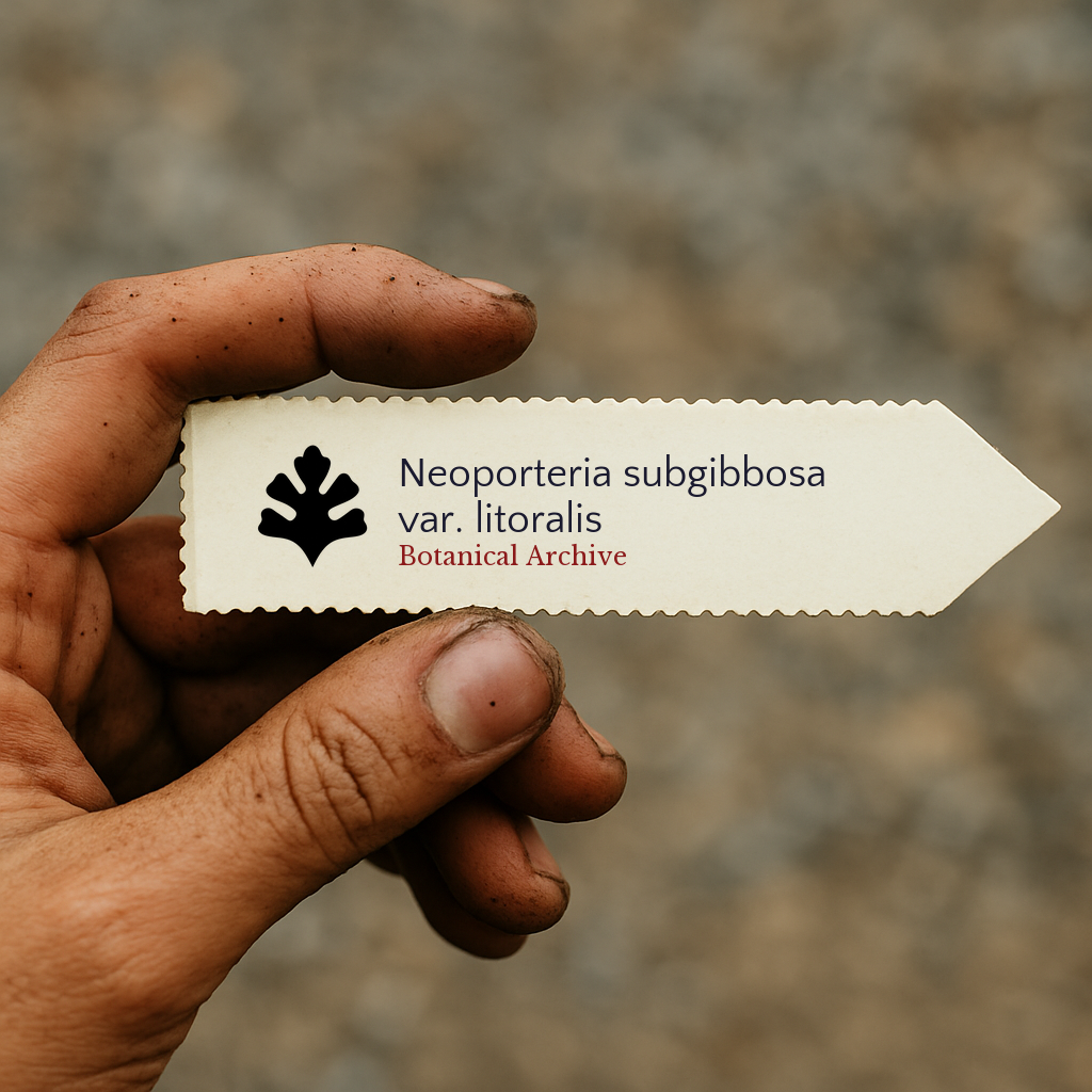 Pflanzenschild für Neoporteria subgibbosa var. litoralis, von Hand gehalten vor Erde-Hintergrund