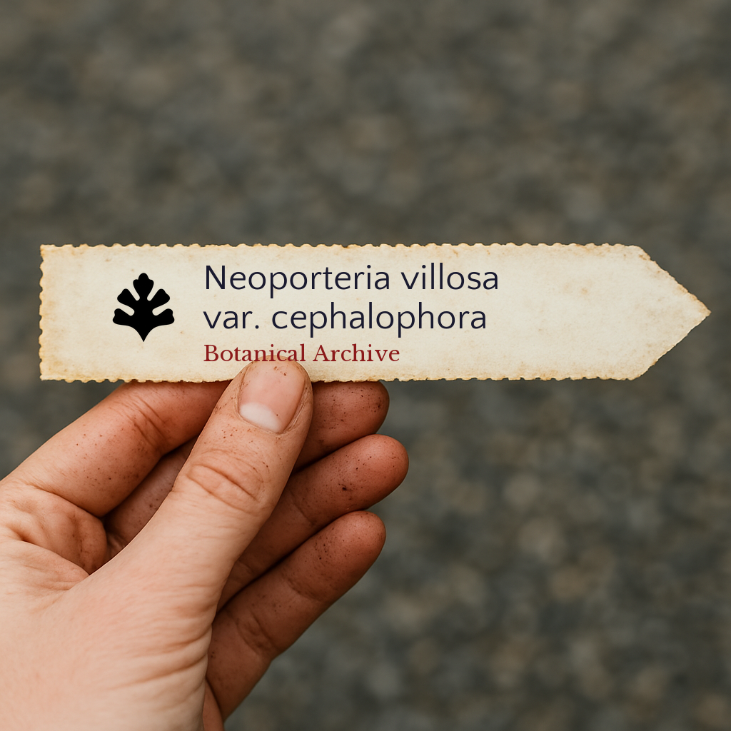 Handbeschriftetes Pflanzenetikett für Neoporteria villosa var. cephalophora mit Botanical Archive Schriftzug