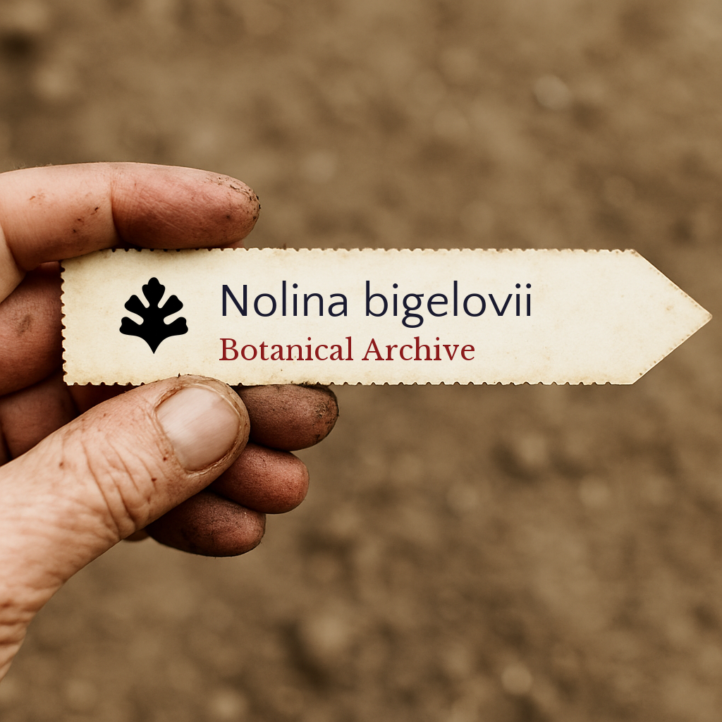 Bedrucktes Pflanzenetikett für Nolina bigelovii, gehalten von einer schmutzigen Hand vor Erdhintergrund