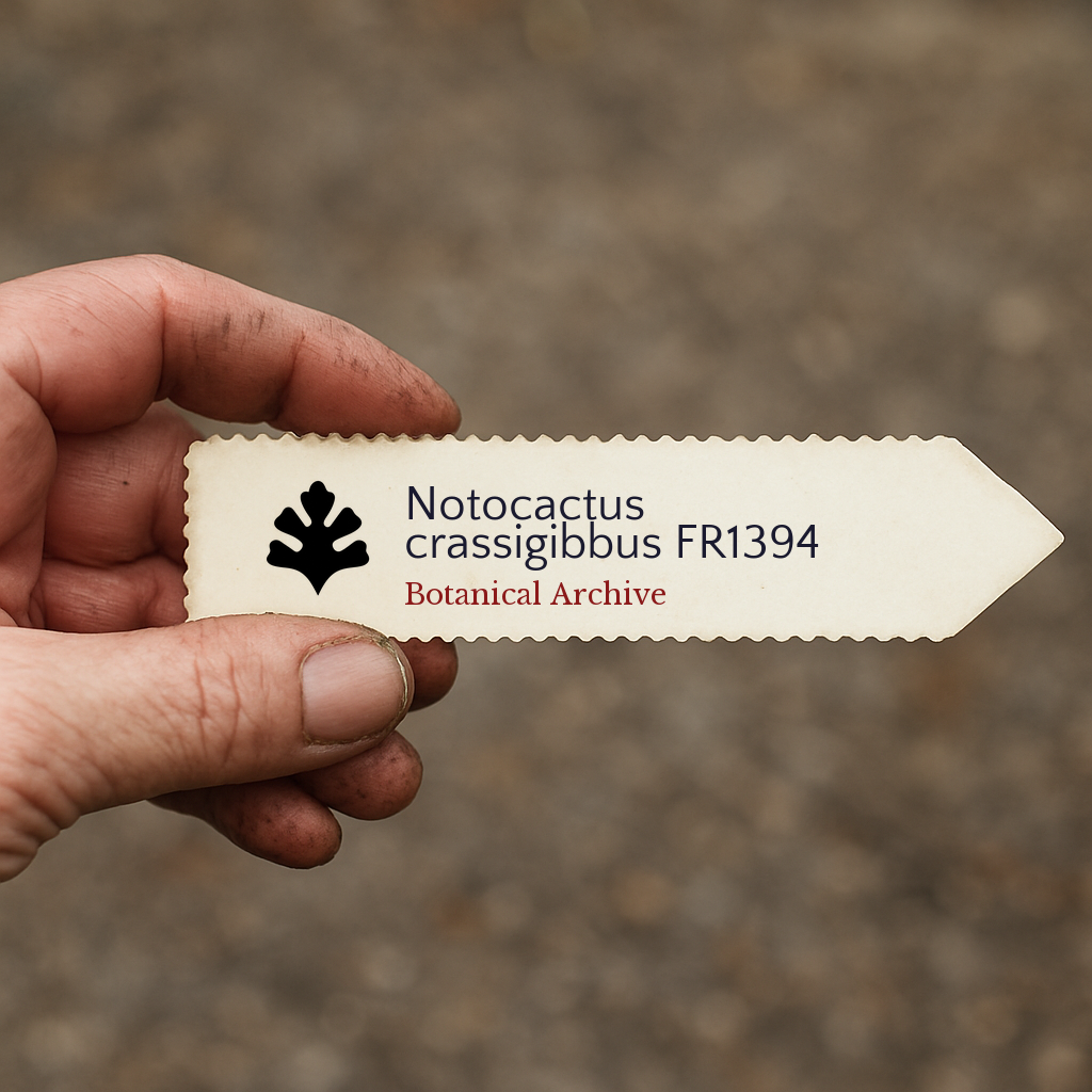 Etichetta per pianta stampata per Notocactus crassigibbus con logo di Botanical Archive tenuta a mano