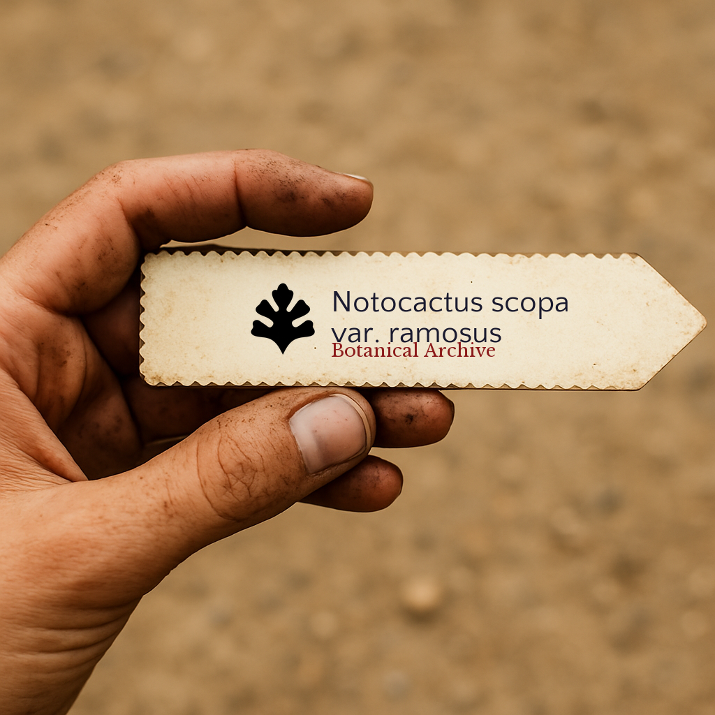 土を背景に手に持たれたノトカクタス・スコパ・ヴァリエタス・ラモスス用の印刷された植物ラベル