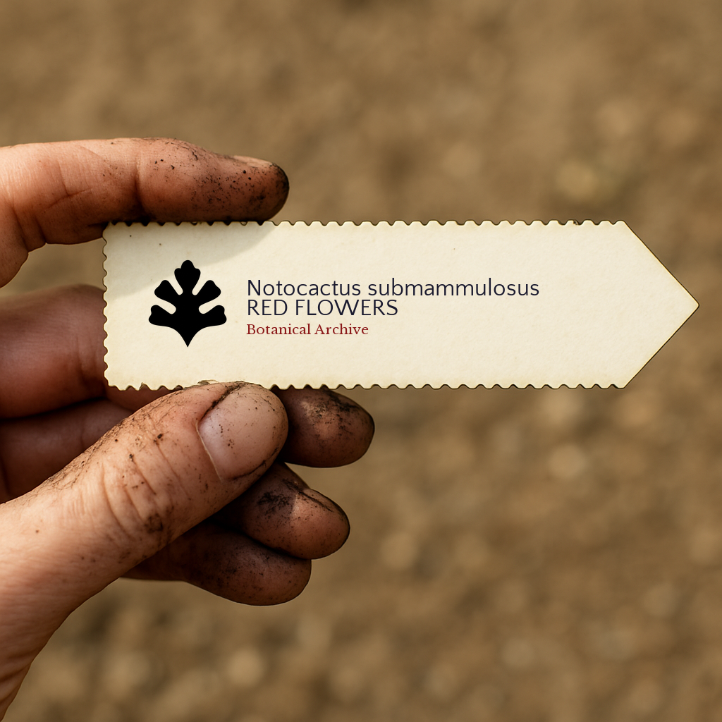 Plant label tag for Notocactus submammulosus with printed text held by dirty hand