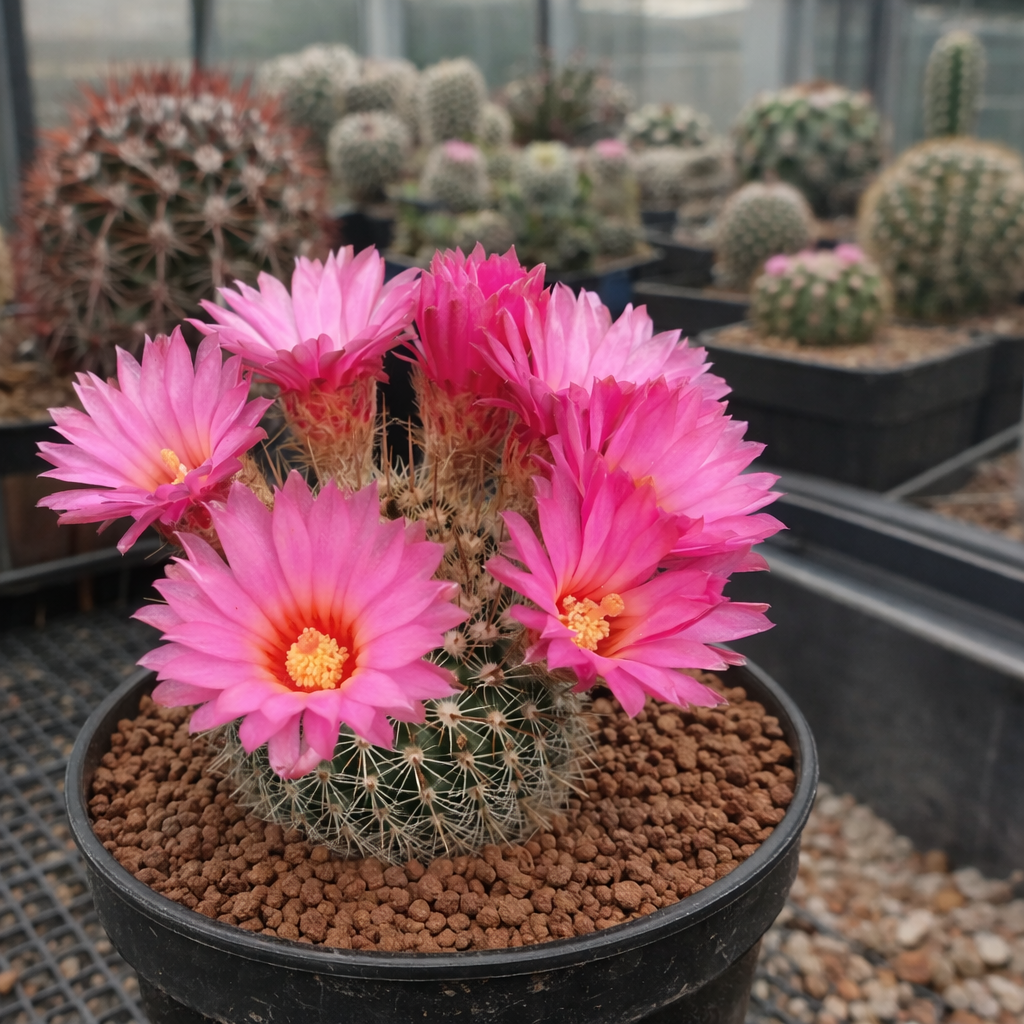 กระบองเพชร โนโตแคคตัส กูตีร์เรซีอิ พร้อมดอกสีชมพูสดใสในกระถางสีดำ