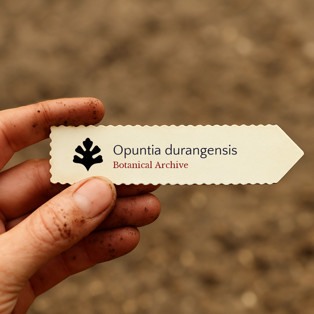 Printed plant label for Opuntia durangensis held by hand with soil background