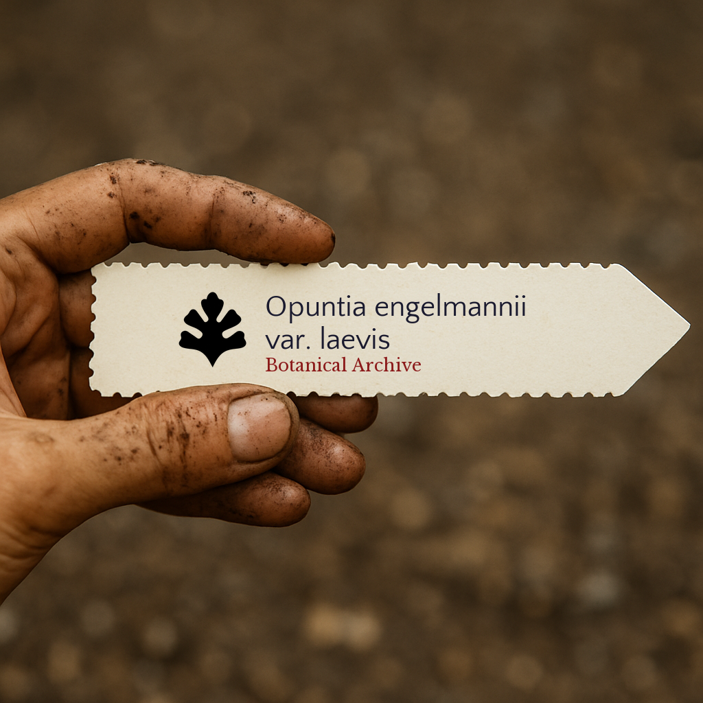 Printed plant label for Opuntia engelmannii var. laevis held by dirty hand outdoors