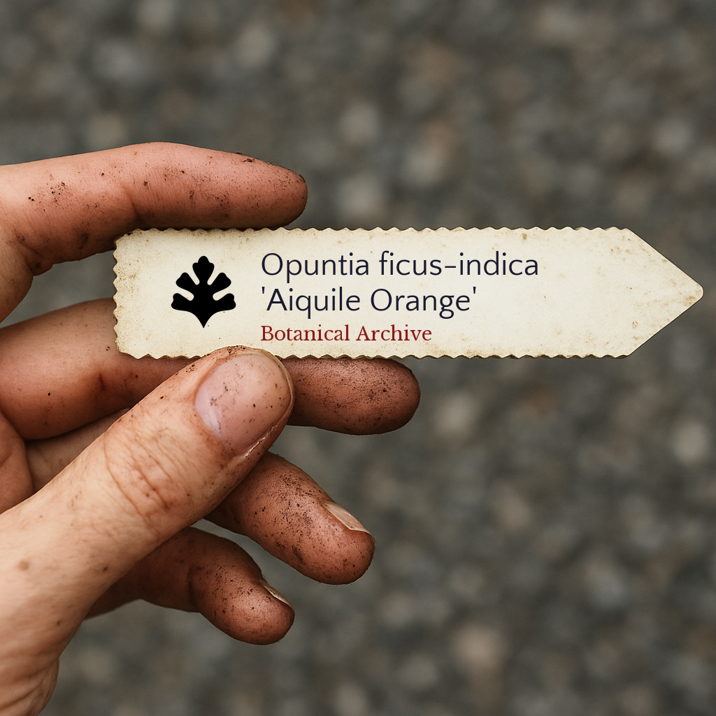 Printed plant label for Opuntia ficus-indica 'Aiquile Orange' held by dirty hand