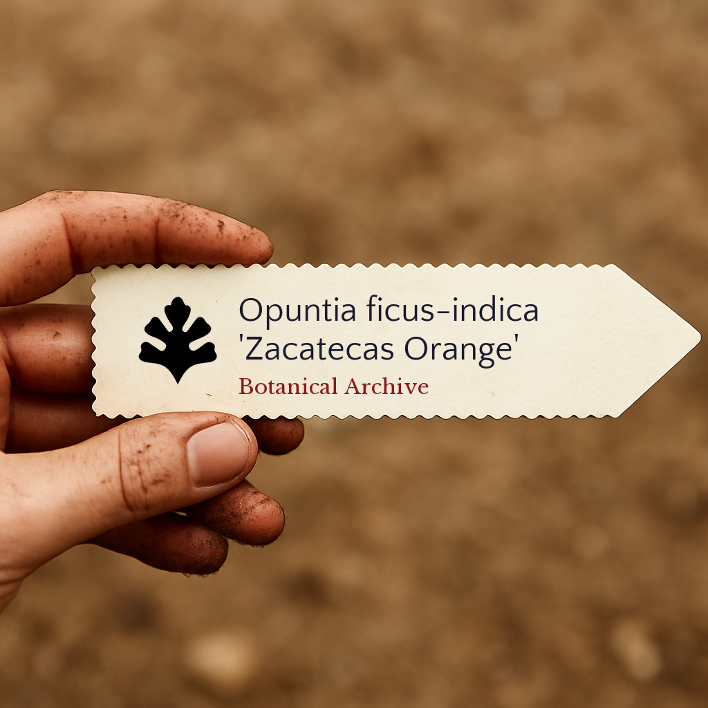 Printed plant label for Opuntia ficus-indica 'Zacatecas Orange' held by dirty hand outdoors