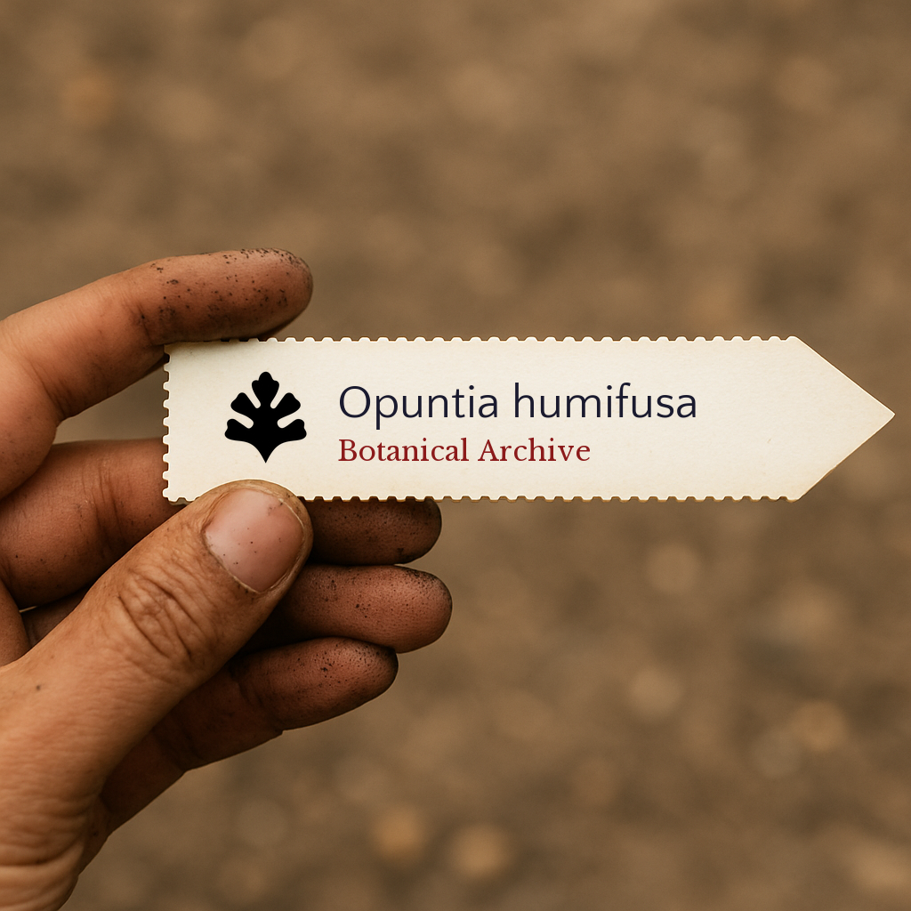Printed plant label for Opuntia humifusa held by hand with soil on fingers